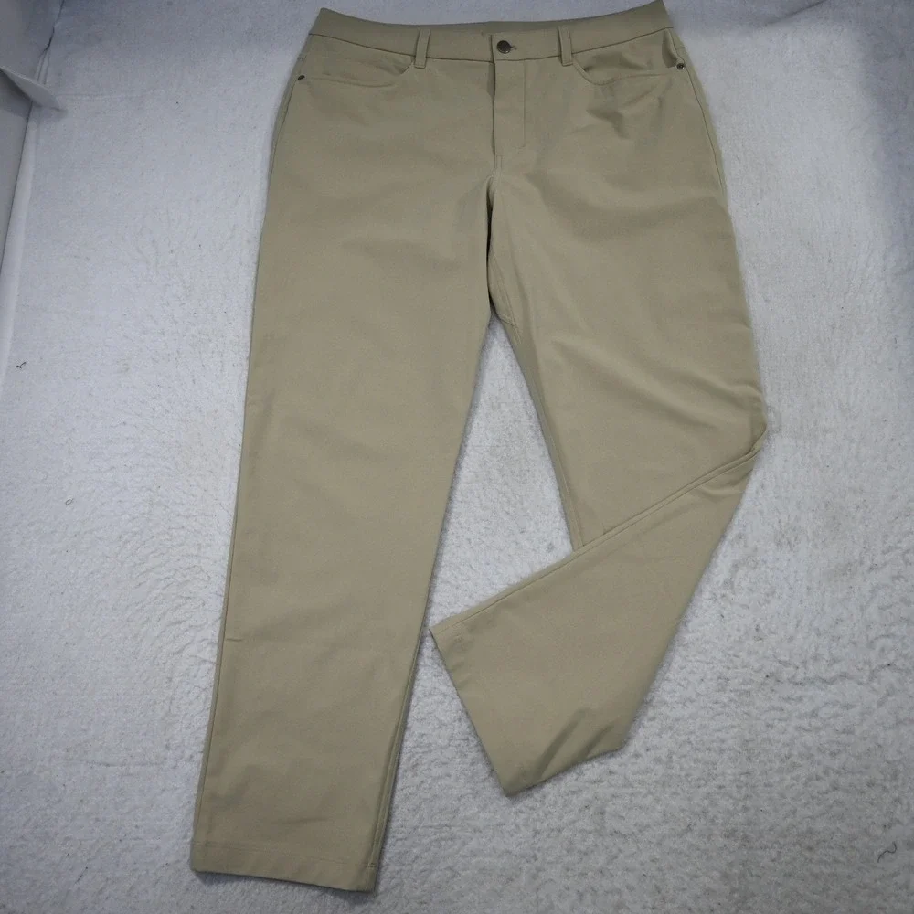 Lululemon Commission Pant Mens 34 x 30 Slim Tan Warpstreme 5 Pocket Hidden Zip